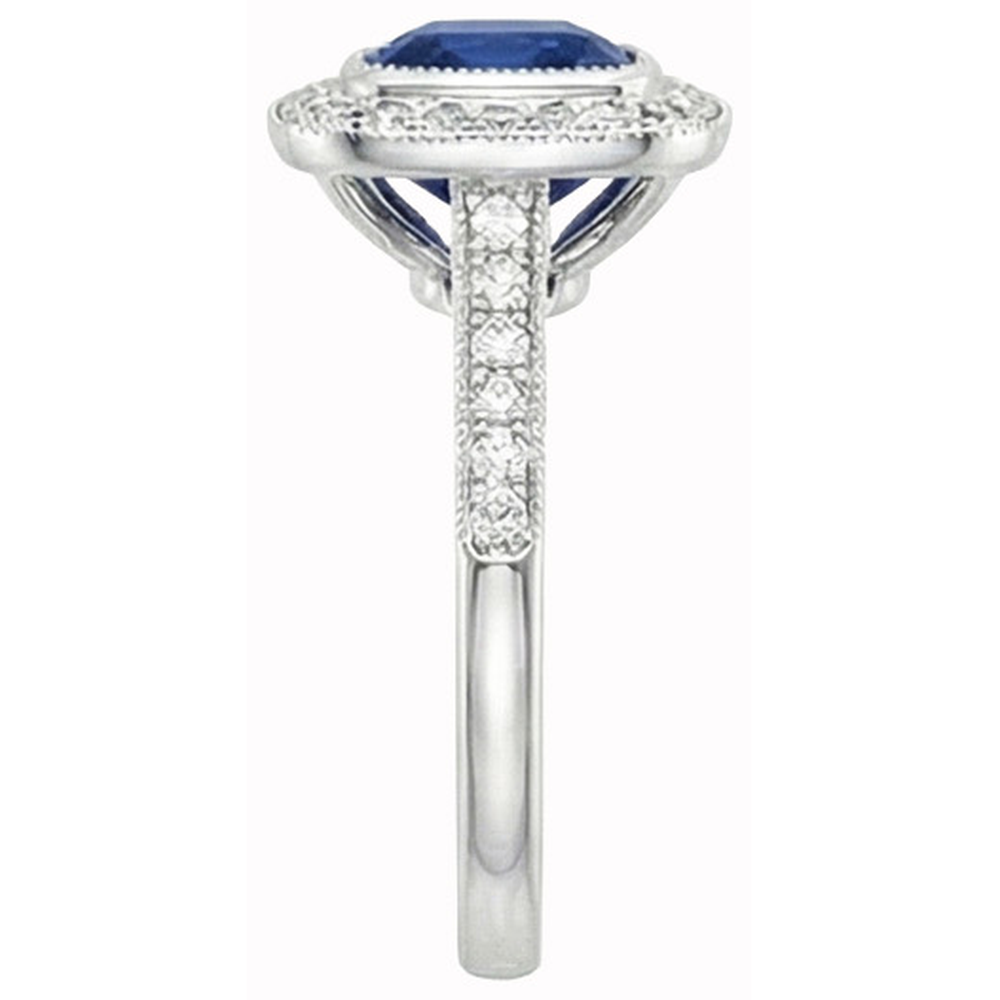 Anello con zaffiro Ceylon taglio cuscino e diamanti da 2 ct. Oro bianco 14K