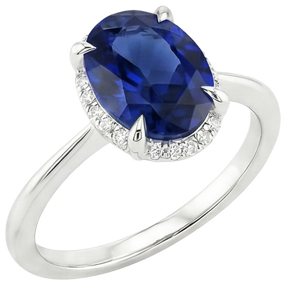 Anello con zaffiro Halo Ceylon taglio ovale 3.50 carati con montatura a griffe