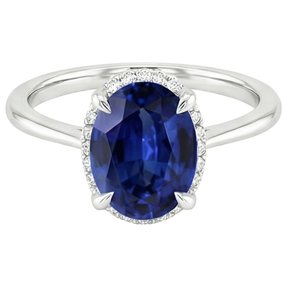 Anello con zaffiro Halo Ceylon taglio ovale 3.50 carati con montatura a griffe