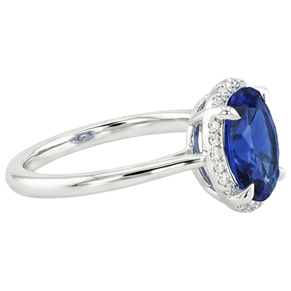Anello con zaffiro Halo Ceylon taglio ovale 3.50 carati con montatura a griffe