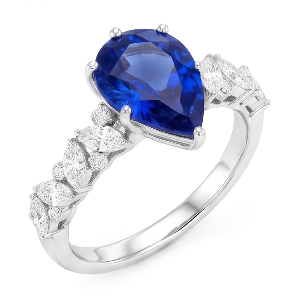 Anello con zaffiro Marquise blu 3 carati e diamanti tondi, pietre preziose in oro bianco 14k