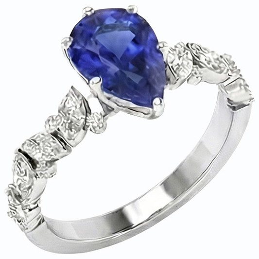 Anello con zaffiro Marquise blu 3 carati e diamanti tondi, pietre preziose in oro bianco 14k