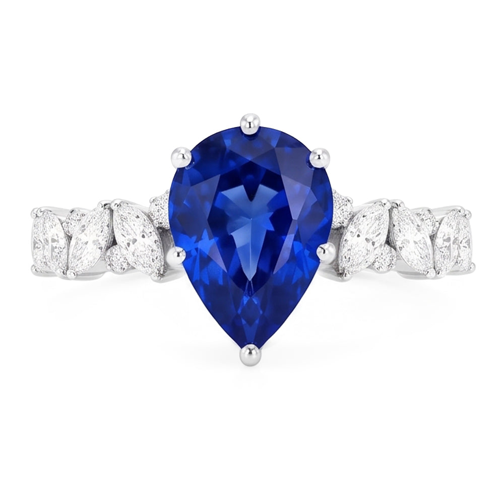 Anello con zaffiro Marquise blu 3 carati e diamanti tondi, pietre preziose in oro bianco 14k