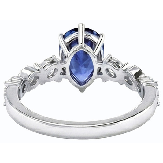 Anello con zaffiro Marquise blu 3 carati e diamanti tondi, pietre preziose in oro bianco 14k