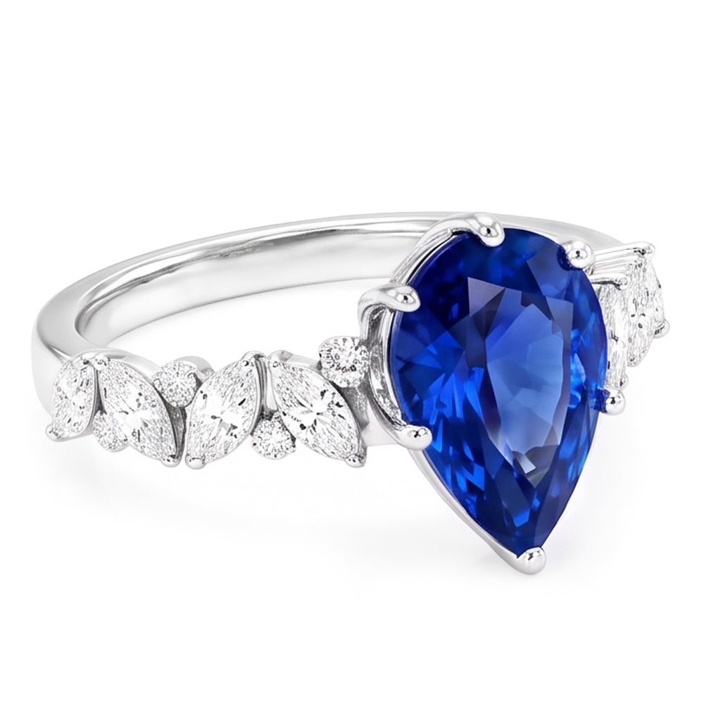 Anello con zaffiro Marquise blu 3 carati e diamanti tondi, pietre preziose in oro bianco 14k