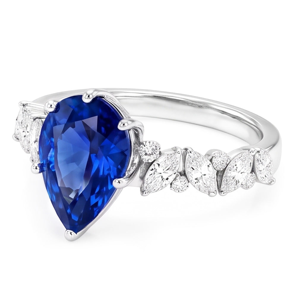 Anello con zaffiro Marquise blu 3 carati e diamanti tondi, pietre preziose in oro bianco 14k