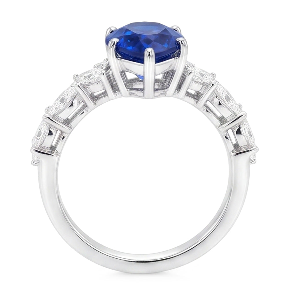 Anello con zaffiro Marquise blu 3 carati e diamanti tondi, pietre preziose in oro bianco 14k