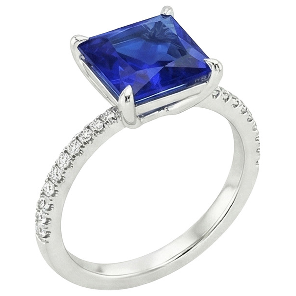 Anello con zaffiro Princess Ceylon e diamante rotondo 5.75 carati in oro bianco