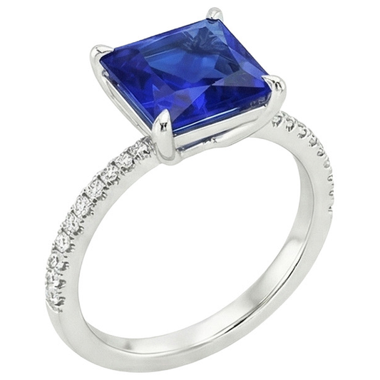 Anello con zaffiro Princess Ceylon e diamante rotondo 5.75 carati in oro bianco