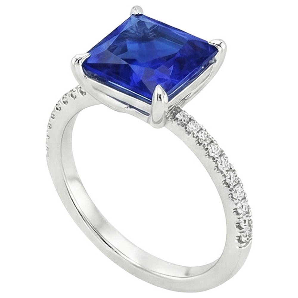 Anello con zaffiro Princess Ceylon e diamante rotondo 5.75 carati in oro bianco