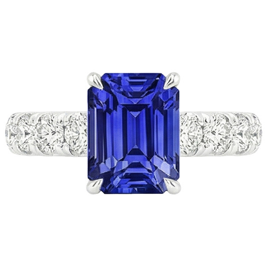 Anello con zaffiro Smeraldo Ceylon 5 carati e Pavé di diamanti in oro bianco 14 carati