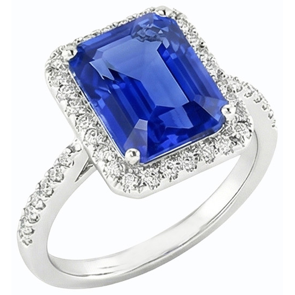 Anello con zaffiro Smeraldo dello Sri Lanka da 4,50 carati e diamante in oro bianco 14K