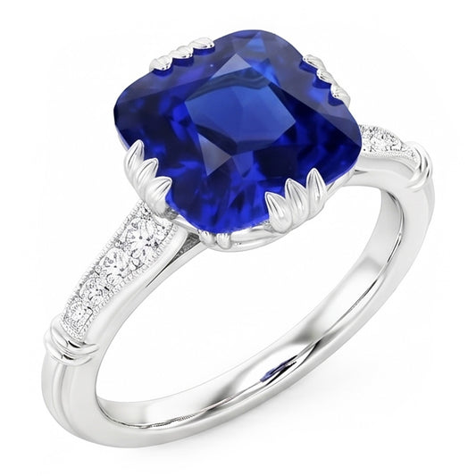 Anello con zaffiro a cuscino con pietre preziose. 3.50 carati. diamanti a tripla punta