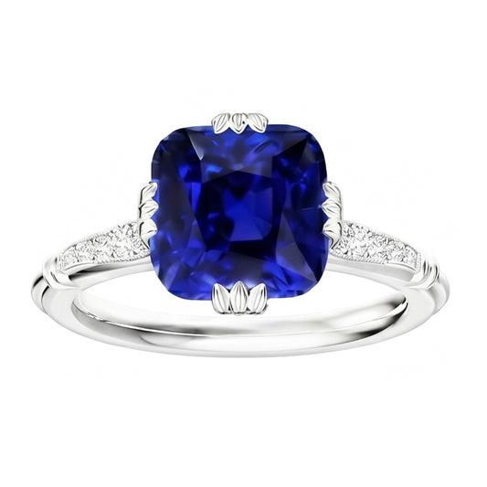 Anello con zaffiro a cuscino con pietre preziose. 3.50 carati. diamanti a tripla punta