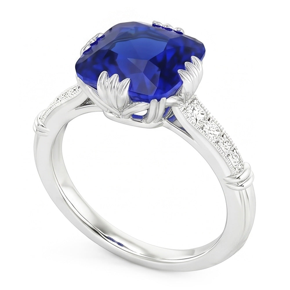 Anello con zaffiro a cuscino con pietre preziose. 3.50 carati. diamanti a tripla punta