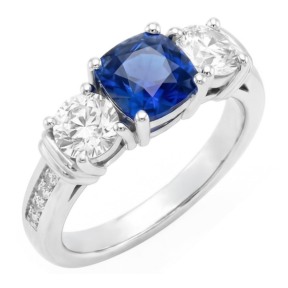 Anello con zaffiro a cuscino con pietre preziose in oro 2.50 carati con 3 diamanti in stile pietra