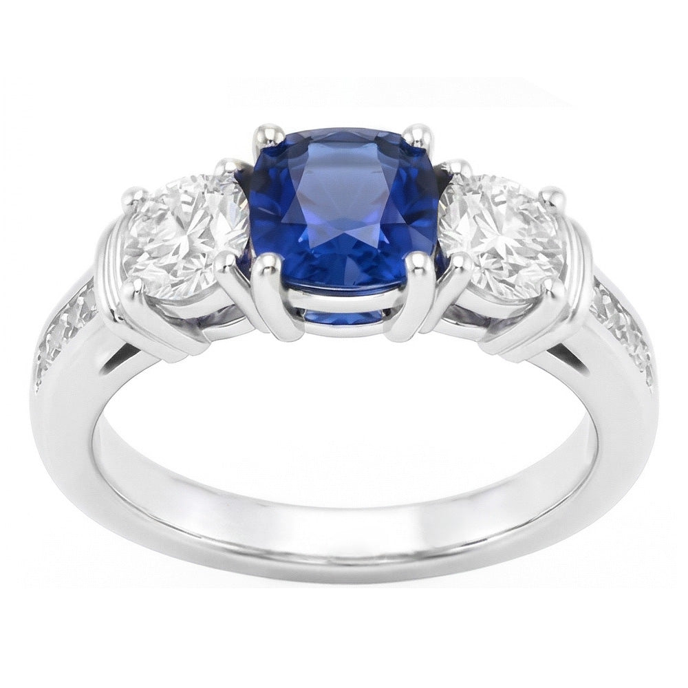 Anello con zaffiro a cuscino con pietre preziose in oro 2.50 carati con 3 diamanti in stile pietra