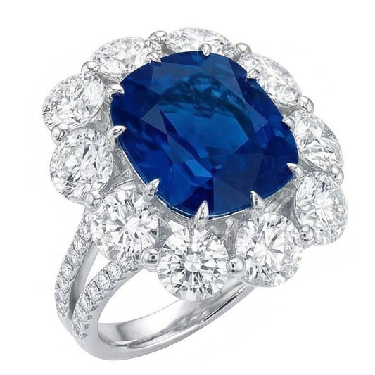 Anello con zaffiro a cuscino e diamanti rotondi da 10.50 ct in oro bianco 14k