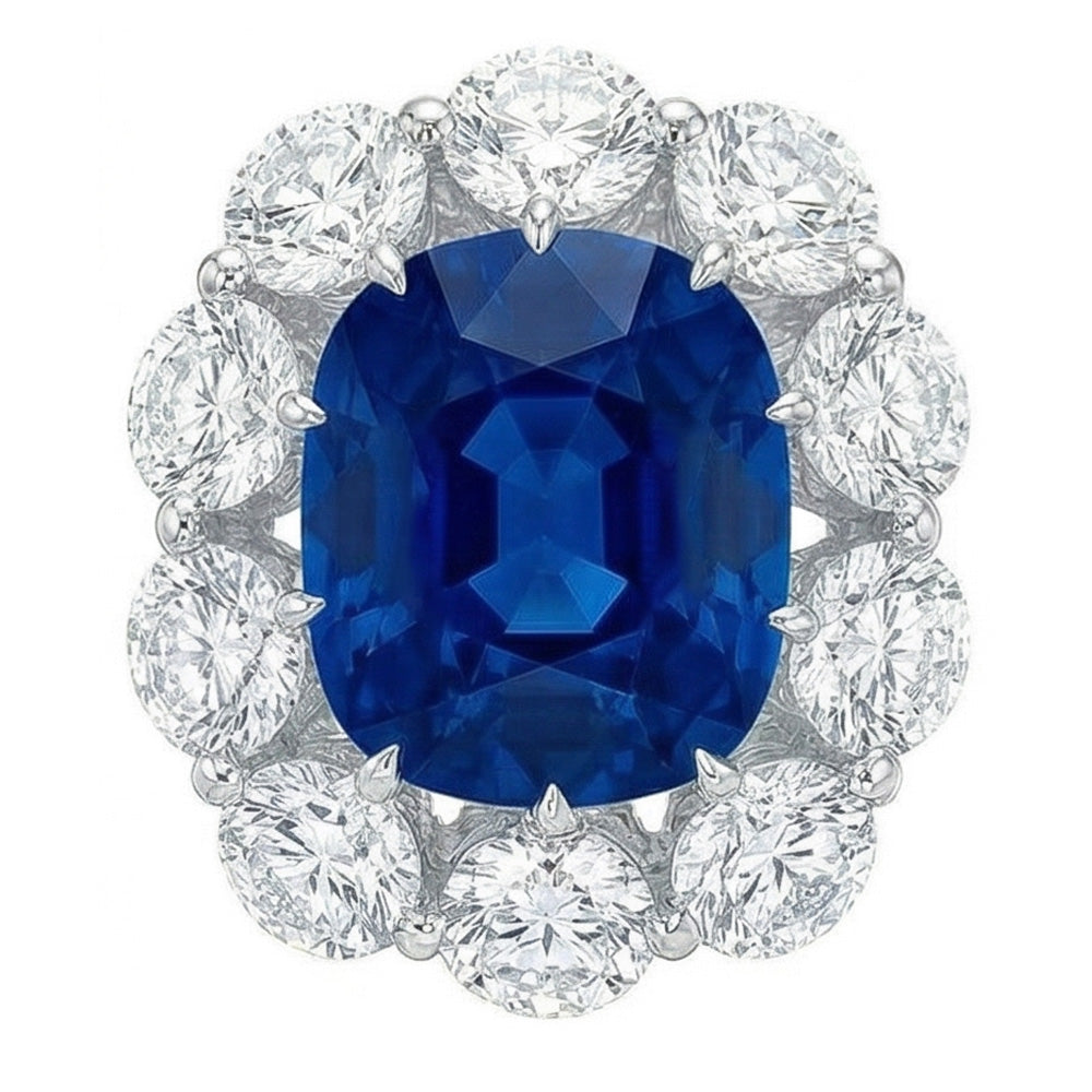 Anello con zaffiro a cuscino e diamanti rotondi da 10.50 ct in oro bianco 14k