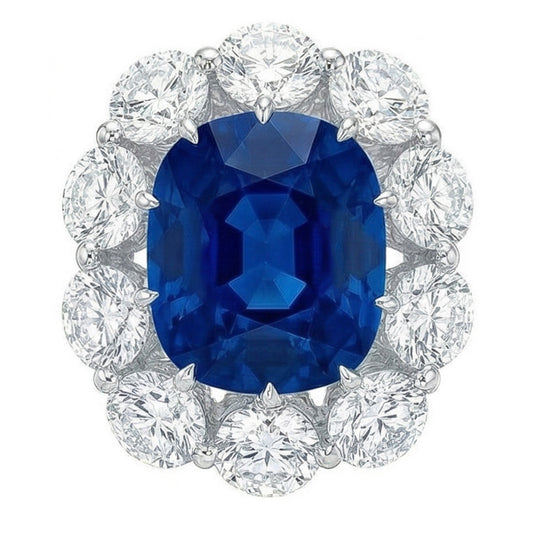 Anello con zaffiro a cuscino e diamanti rotondi da 10.50 ct in oro bianco 14k