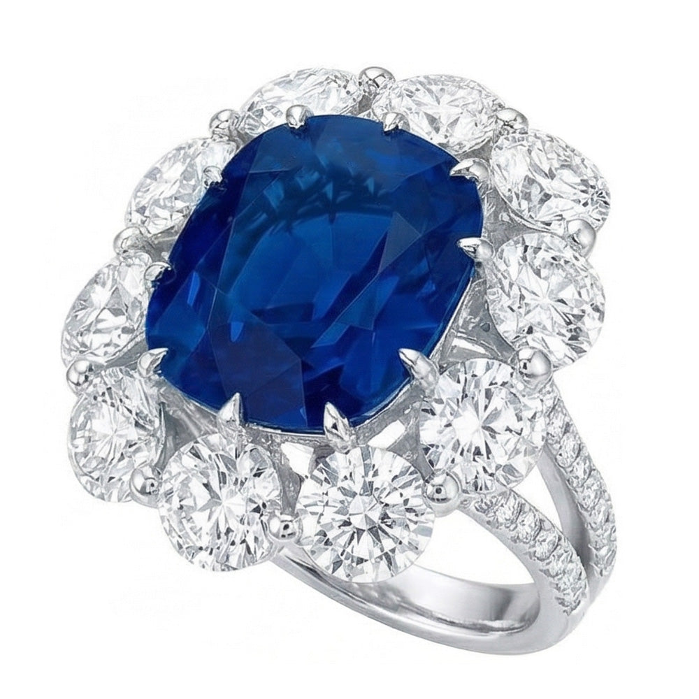 Anello con zaffiro a cuscino e diamanti rotondi da 10.50 ct in oro bianco 14k