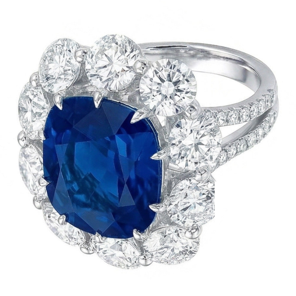 Anello con zaffiro a cuscino e diamanti rotondi da 10.50 ct in oro bianco 14k