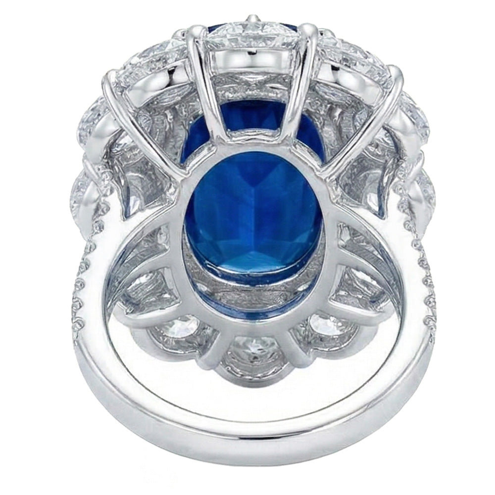 Anello con zaffiro a cuscino e diamanti rotondi da 10.50 ct in oro bianco 14k