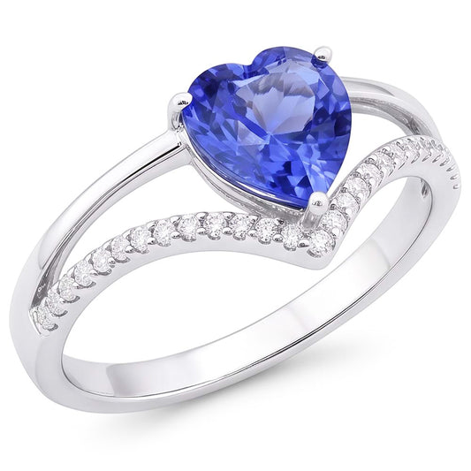 Anello con zaffiro azzurro a forma di cuore con diamanti. oro 2 carati. 14K
