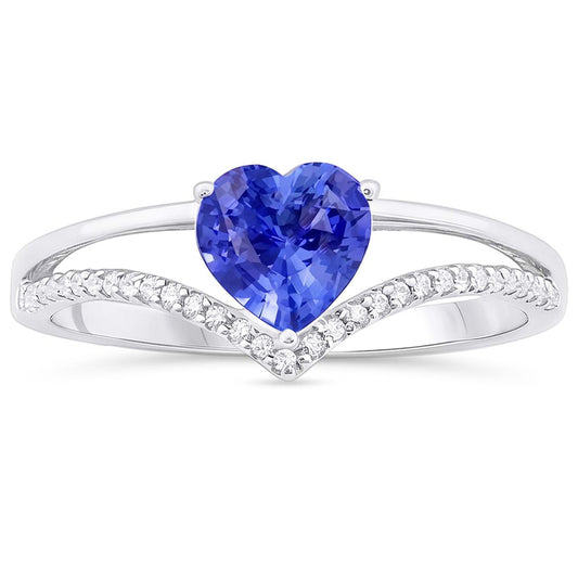 Anello con zaffiro azzurro a forma di cuore con diamanti. oro 2 carati. 14K