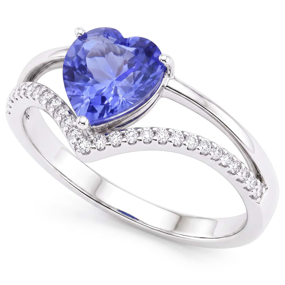 Anello con zaffiro azzurro a forma di cuore con diamanti. oro 2 carati. 14K