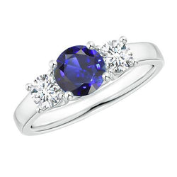 Anello con zaffiro blu 1,75 carati e diamante Round tre pietre in Oro bianco 14K