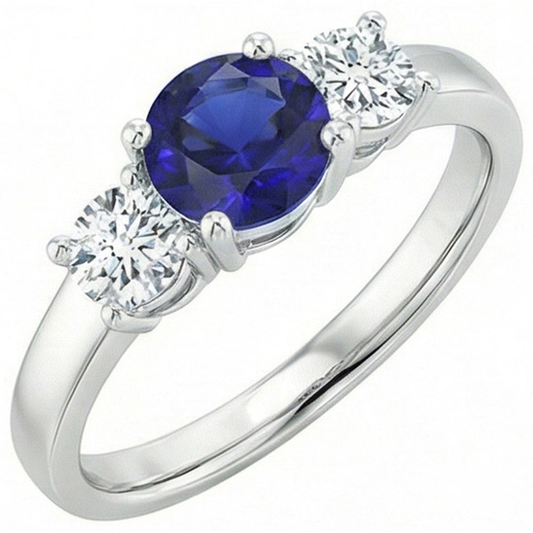 Anello con zaffiro blu 1,75 carati e diamante Round tre pietre in Oro bianco 14K