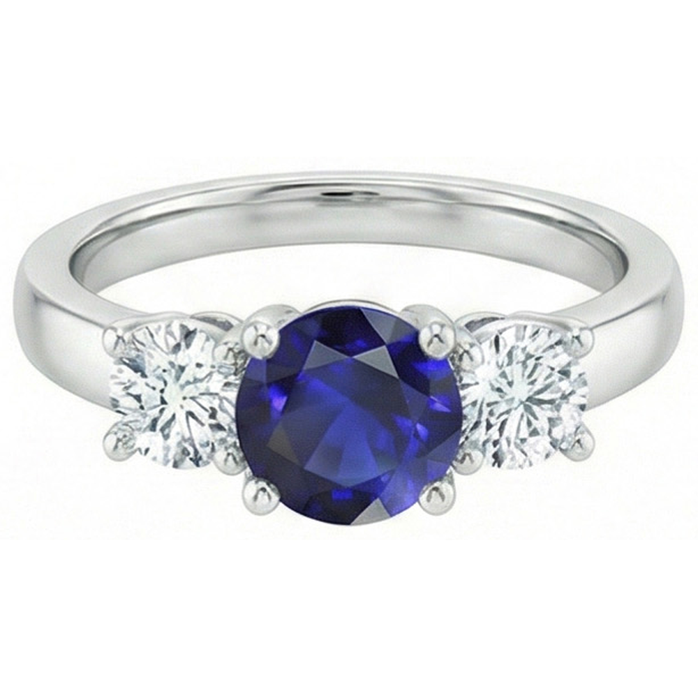 Anello con zaffiro blu 1,75 carati e diamante Round tre pietre in Oro bianco 14K