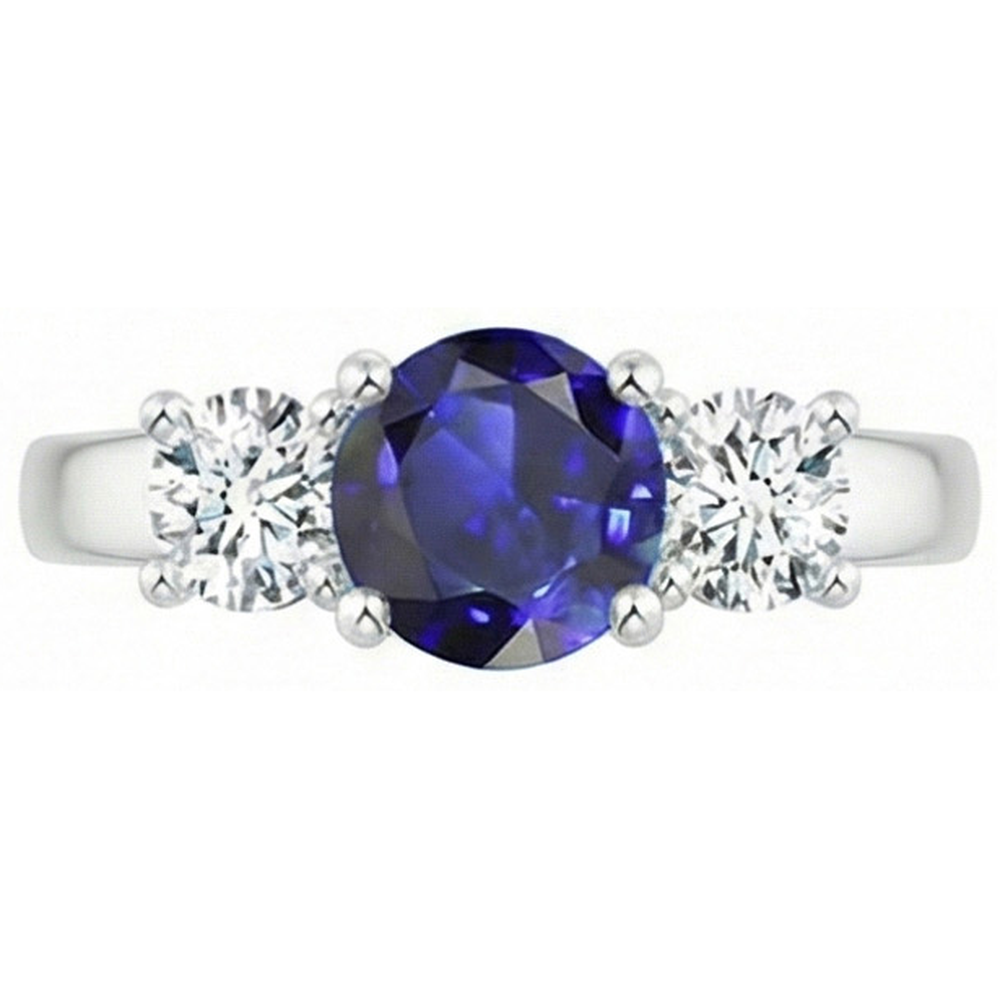 Anello con zaffiro blu 1,75 carati e diamante Round tre pietre in Oro bianco 14K