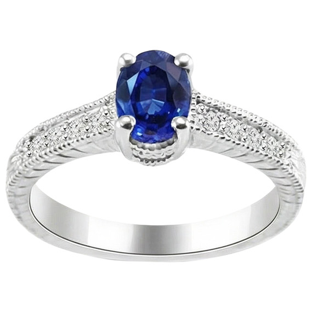 Anello con zaffiro blu 1,85 carati e diamante taglio ovale in oro bianco 14K