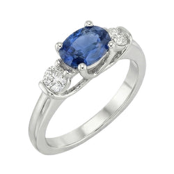 Anello con zaffiro blu 2,25 carati e 3 diamanti con montatura a U in oro bianco 14 carati