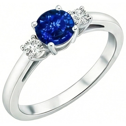 Anello con zaffiro blu 2,70 carati e diamanti tre pietre in oro bianco 14K