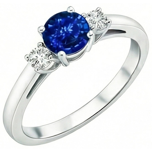 Anello con zaffiro blu 2,70 carati e diamanti tre pietre in oro bianco 14K