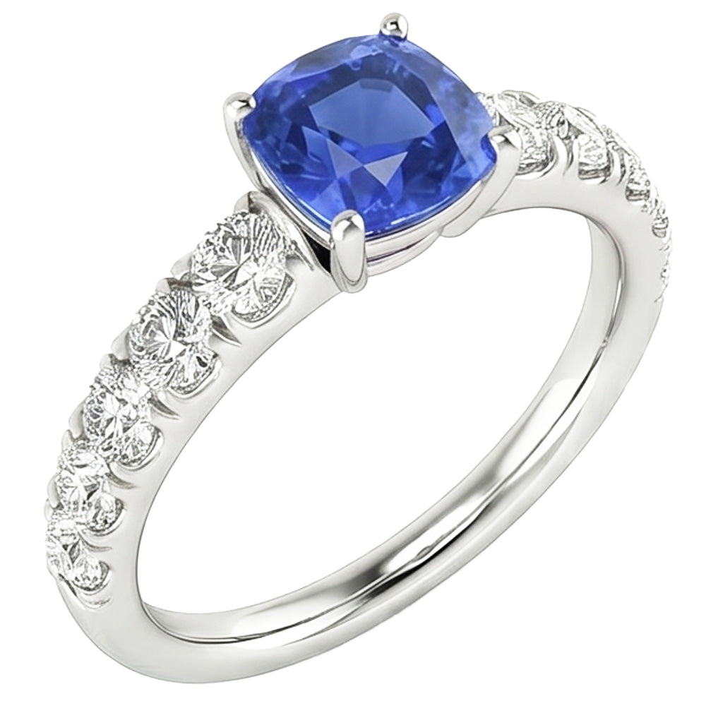 Anello con zaffiro blu 3 carati e diamante cuscino in gioielli in oro bianco 14K