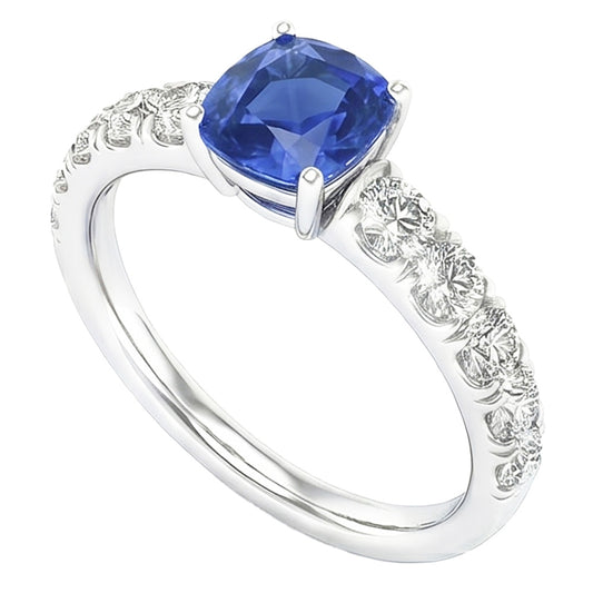 Anello con zaffiro blu 3 carati e diamante cuscino in gioielli in oro bianco 14K