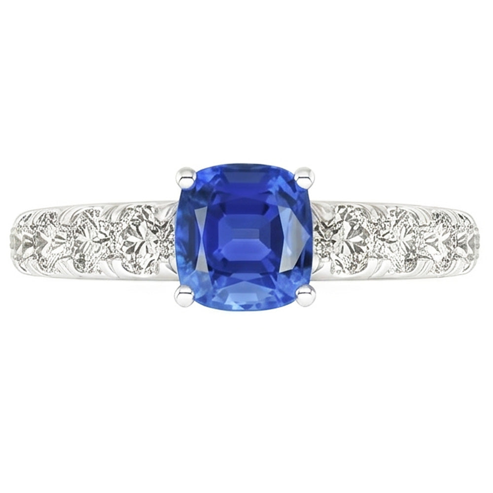 Anello con zaffiro blu 3 carati e diamante cuscino in gioielli in oro bianco 14K