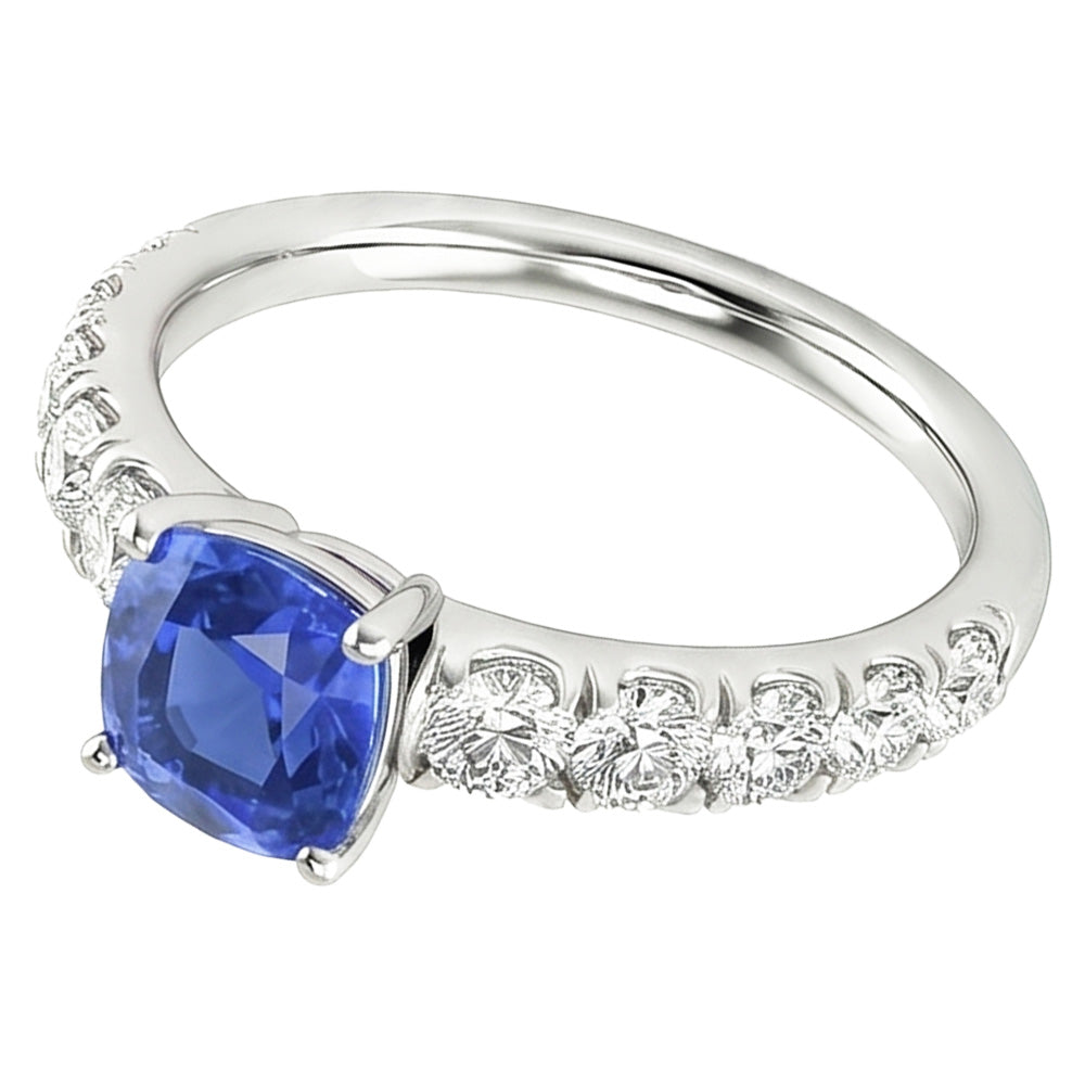 Anello con zaffiro blu 3 carati e diamante cuscino in gioielli in oro bianco 14K