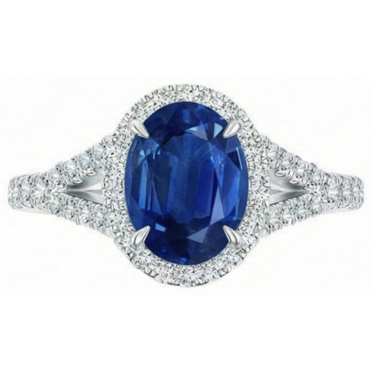 Anello con zaffiro blu 3 carati e diamanti in oro bianco 14K