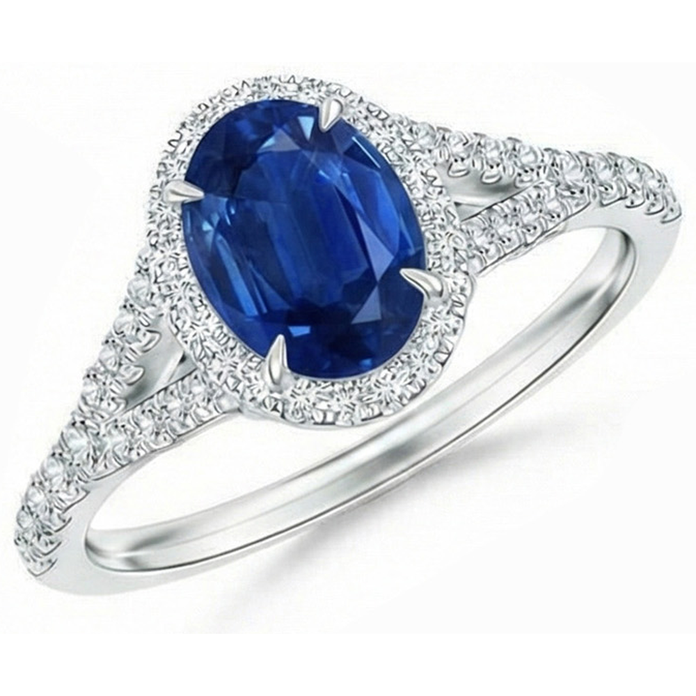 Anello con zaffiro blu 3 carati e diamanti in oro bianco 14K