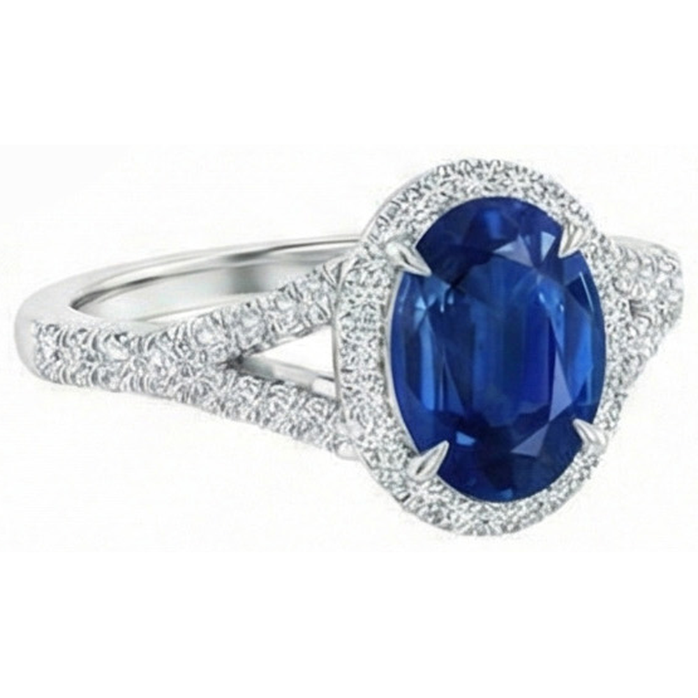 Anello con zaffiro blu 3 carati e diamanti in oro bianco 14K