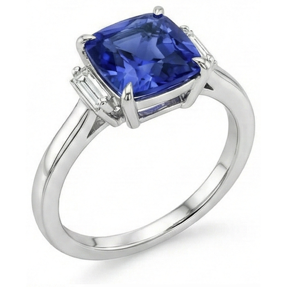 Anello con zaffiro blu 3,25 carati e tre diamanti in oro bianco 14K