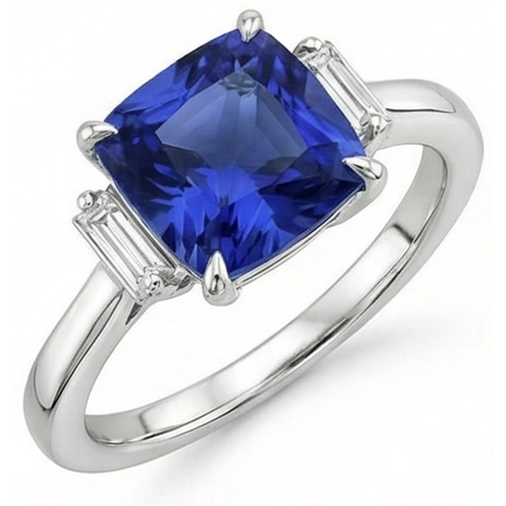 Anello con zaffiro blu 3,25 carati e tre diamanti in oro bianco 14K