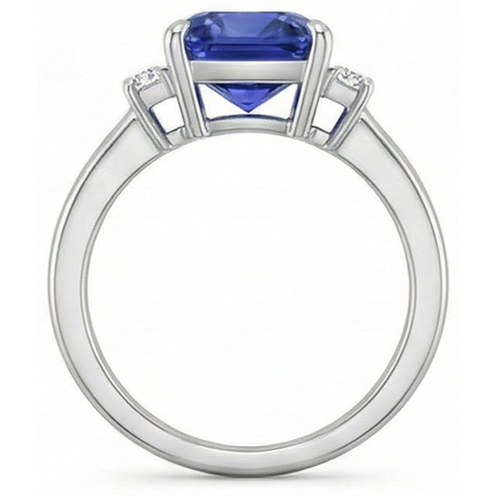 Anello con zaffiro blu 3,25 carati e tre diamanti in oro bianco 14K