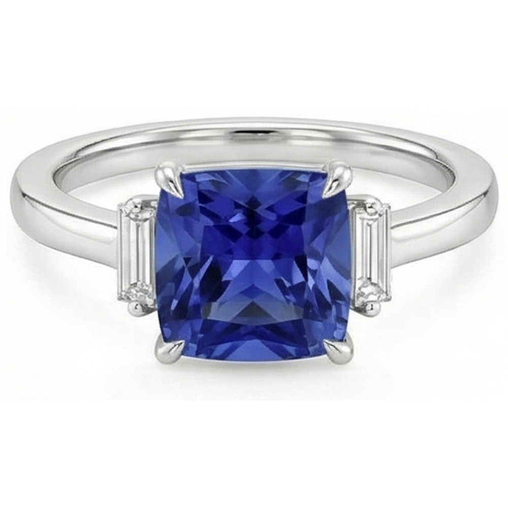 Anello con zaffiro blu 3,25 carati e tre diamanti in oro bianco 14K