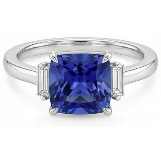Anello con zaffiro blu 3,25 carati e tre diamanti in oro bianco 14K